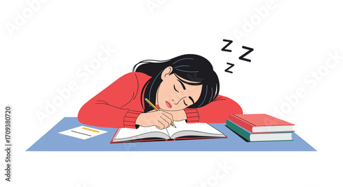 A tired student falls asleep while studying late into the night at her desk with books and notes.