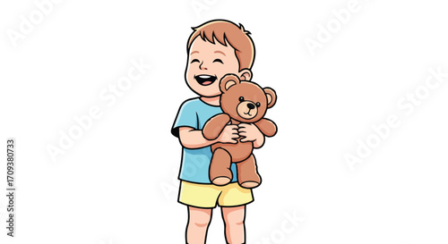 Happy Toddler Hugging Beloved Teddy Bear.
