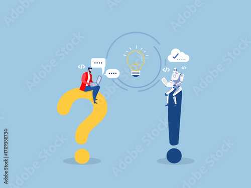 businessman and robot ask and answer questions Artificial Intelligence,Question and answer, Q&A session, FAQ, frequently asked questions, discussion to get solution 