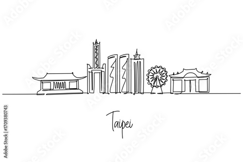 Minimalist continuous line drawing of Taipei skyline highlights modern towers, ferris wheel and temples in linear outline, perfect artwork for architecture, travel posters and cityscape design.