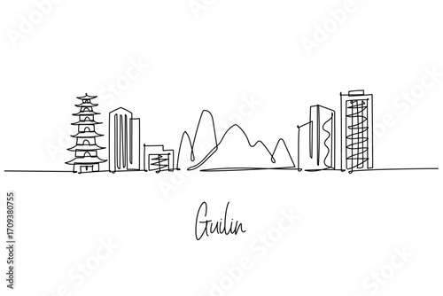 Guilin skyline one line drawing illustration