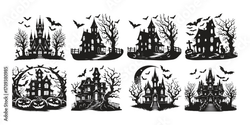Assortment of Halloween Silhouettes with Haunted Houses Witches and Spooky Elements Keywords: halloween, haunted house, silhouette, spooky, Bundle