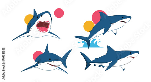 Four cute cartoon sharks depicted in various playful poses with colorful circles above them.