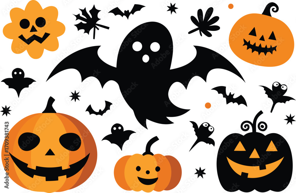 Fototapeta premium Spooky halloween vector graphic collection with pumpkins ghosts bats and skulls scalable illustration eps