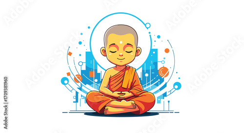 A young monk meditating peacefully in a serene pose surrounded by futuristic digital art elements.
