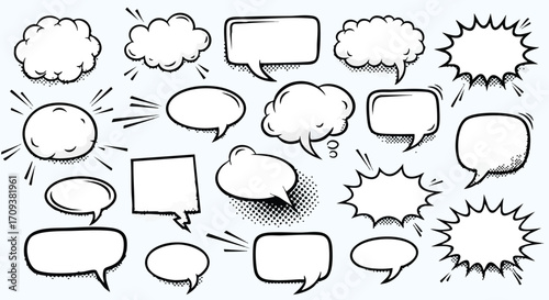 A collection of hand-drawn speech bubbles and thought clouds in various shapes and styles, outlined in black on a light background.