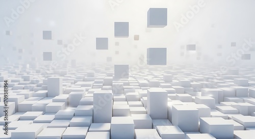 Abstract white cubes creating a vast digital landscape with floating geometric forms and network connections