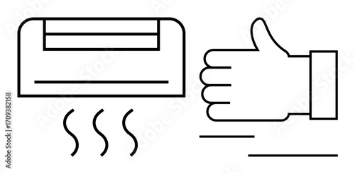 Air conditioner releasing heat waves alongside a thumbs-up sign representing efficiency, satisfaction, and optimal performance. Ideal for HVAC, comfort, sustainability, quality, appliances