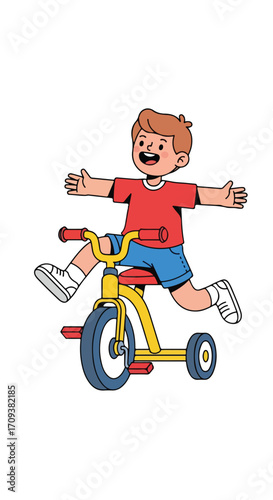 Happy Boy Riding a Tricycle with Arms Wide Open.