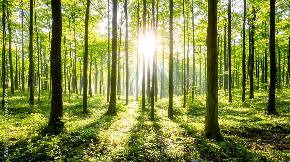 Obraz premium Serene forest scene featuring tall trees with vibrant green leaves, sunlight streaming through branches, creating peaceful atmosphere