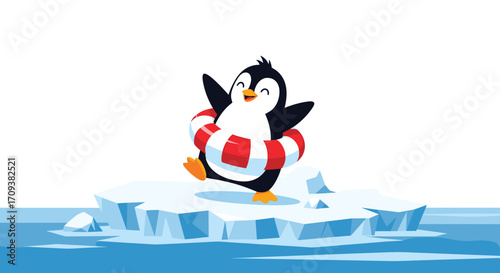 A joyful penguin wearing a lifebuoy floats on an ice floe in the ocean.