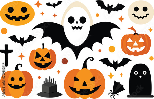 Halloween collection vector graphics featuring pumpkins bats ghosts and spooky icons for festive design