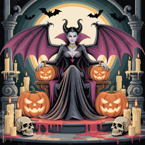 Vampire queen with bat wings, pumpkins, skulls, and candles on a throne halloween