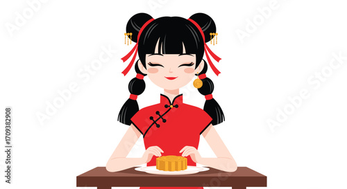 A young girl in a traditional red dress enjoys a mooncake on a wooden table during a festival celebration.