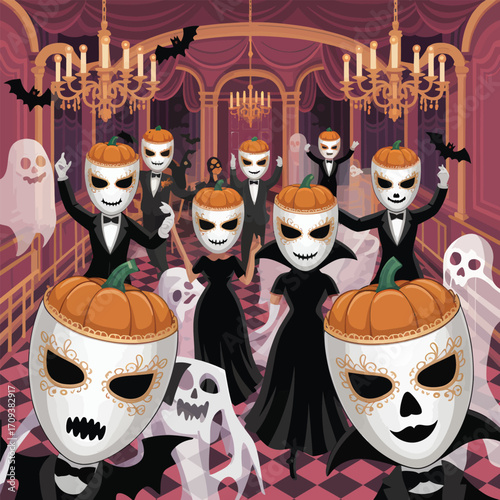 Halloween party with masked figures and ghosts in a ballroom masquerade