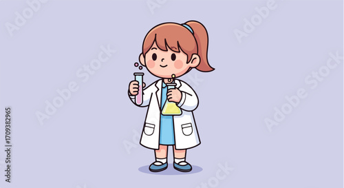 Cute Cartoon Girl Scientist Holding Test Tubes.