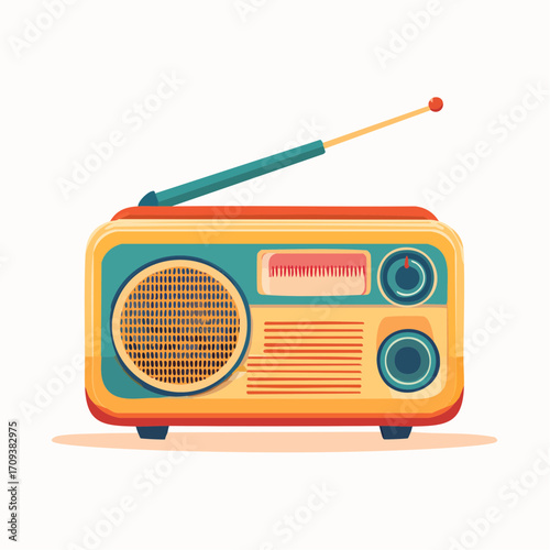 A colorful, retro-style illustration of a vintage radio receiver, antenna extended.