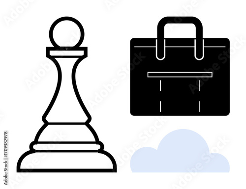 Chess pawn, suitcase symbolizing strategy and progress, and cloud for virtual potential. Ideal for leadership, business, innovation, logic, decision-making, collaboration simple flat metaphor