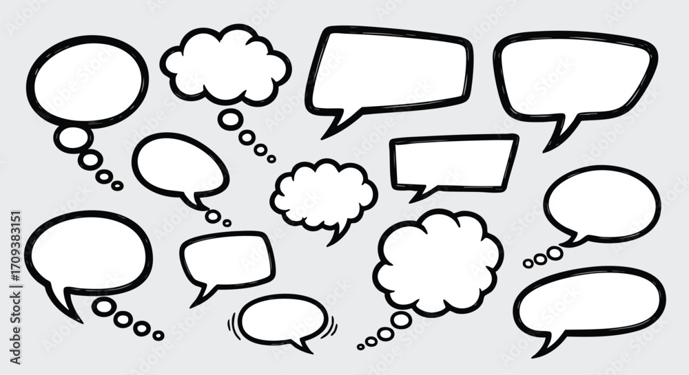 Fototapeta premium A collection of diverse speech bubbles and thought clouds, outlined in black, against a light gray background, representing communication.