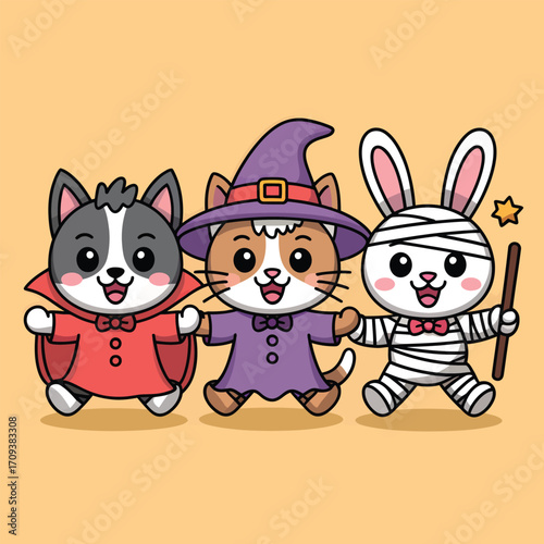 Cute dog cat and rabbit in Halloween costumes holding magic wand and broom image photo
