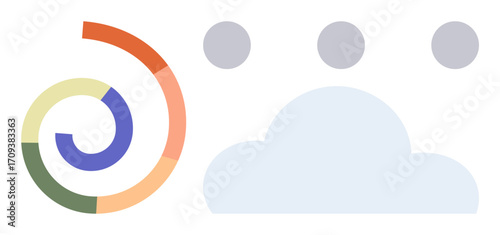 Colorful circular spiral beside cloud and dots forming a balance between growth, innovation, and connectivity. Ideal for technology, data, networking, communication, creativity, teamwork simple flat