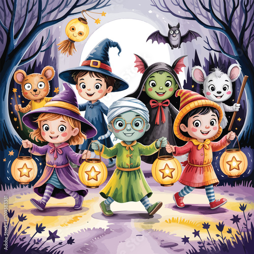 Children in Halloween costumes with lanterns walking in a spooky forest at night witch