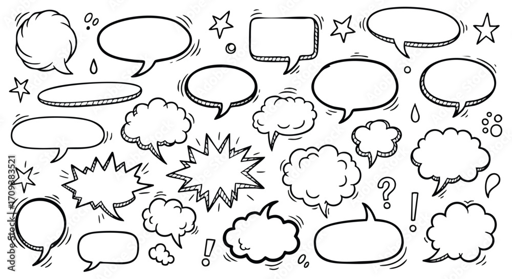 Fototapeta premium A collection of hand-drawn speech bubbles and thought clouds in various shapes and sizes, including stars, question marks, and exclamation points.