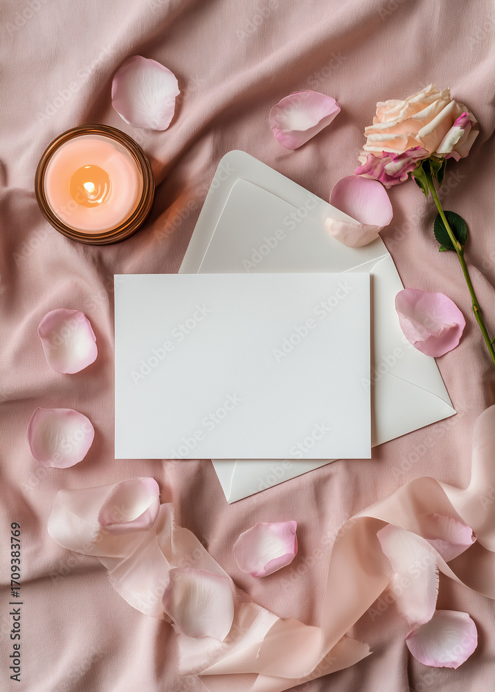 Obraz premium Wedding stationery mockup with envelope, candle and rose petals