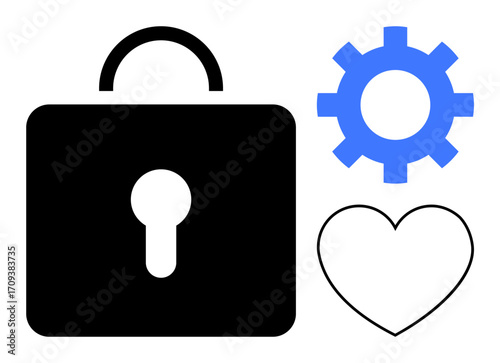 Black lock, blue gear, and outlined heart showcasing security, innovation, and emotion. Ideal for technology, privacy, optimization protection love connection teamwork. Simple flat metaphor