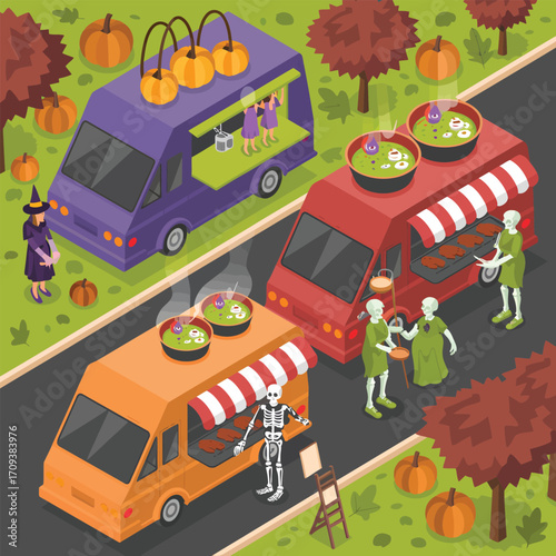 Halloween food trucks with witches and skeletons serving customers Keywords: halloween, food