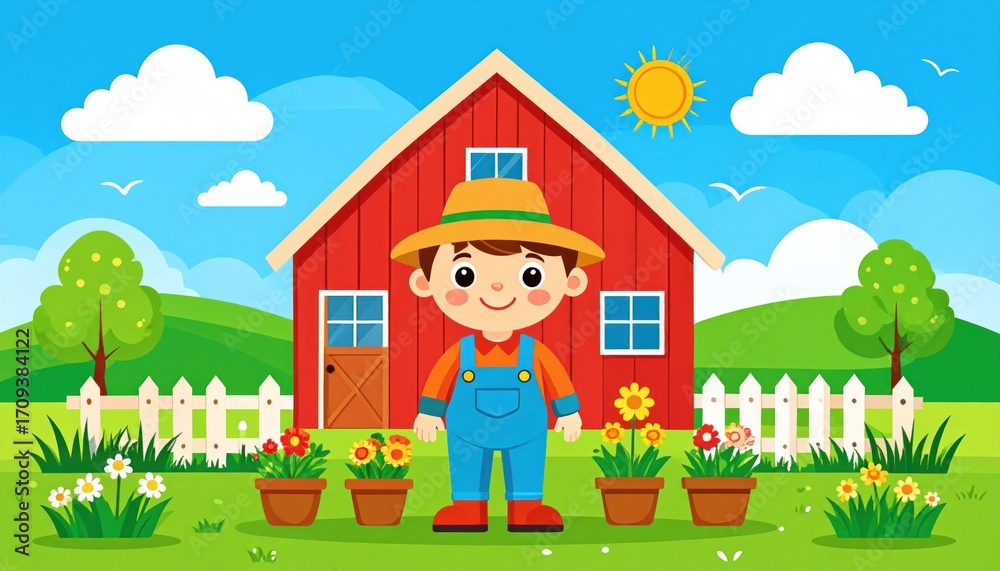 Naklejka premium Cute Cartoon Farmer Boy in Front of a Red Barn with Flowers and Plants