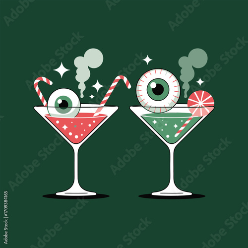 Two spooky Halloween cocktails with eyeballs and candy canes drink