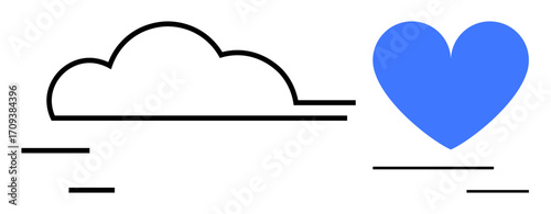Black-outlined cloud and solid blue heart with minimalistic lines, symbolizing nature, love, simplicity, balance, care, connection, and positivity. Ideal for sustainability campaigns simple landing