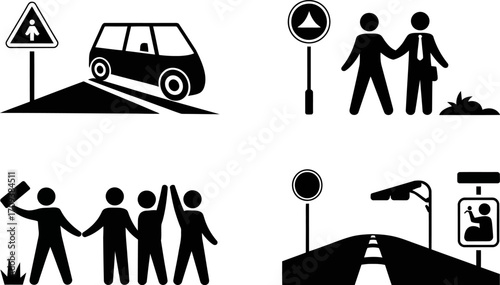 Vector icons depicting diverse human interactions and traffic safety