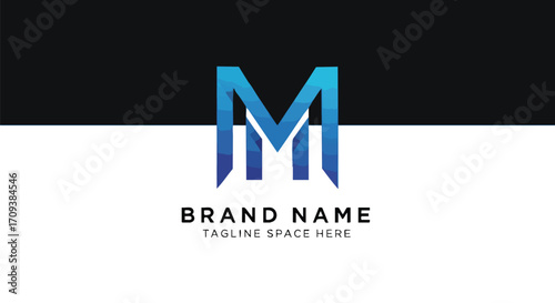 A modern, stylized logo design featuring the letter "M" in a gradient blue color scheme, with a brand name and tagline.