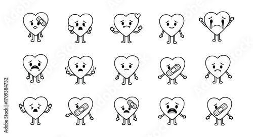 Black and white Doodle Vector art of sad heart characters with bandages, expressing feelings of pain, hurt, and healing, suitable for emotional and empathetic designs