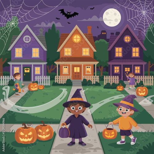 Kids in Halloween costumes trick or treating in a colorful suburban neighborhood at night