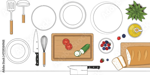Overhead view of kitchenware and fresh ingredients on a white countertop ready for meal preparation and cooking a healthy breakfast or brunch in a bright kitchen space