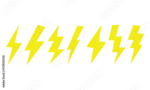 Set of yellow lightning bolt icons in bold, sharp shapes. Perfect for energy, electricity, power, speed, thunder, storm, weather, and modern graphic design projects.
