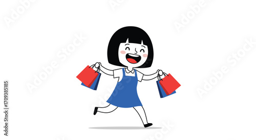 Excited little girl happily running with shopping bags after a successful shopping spree.