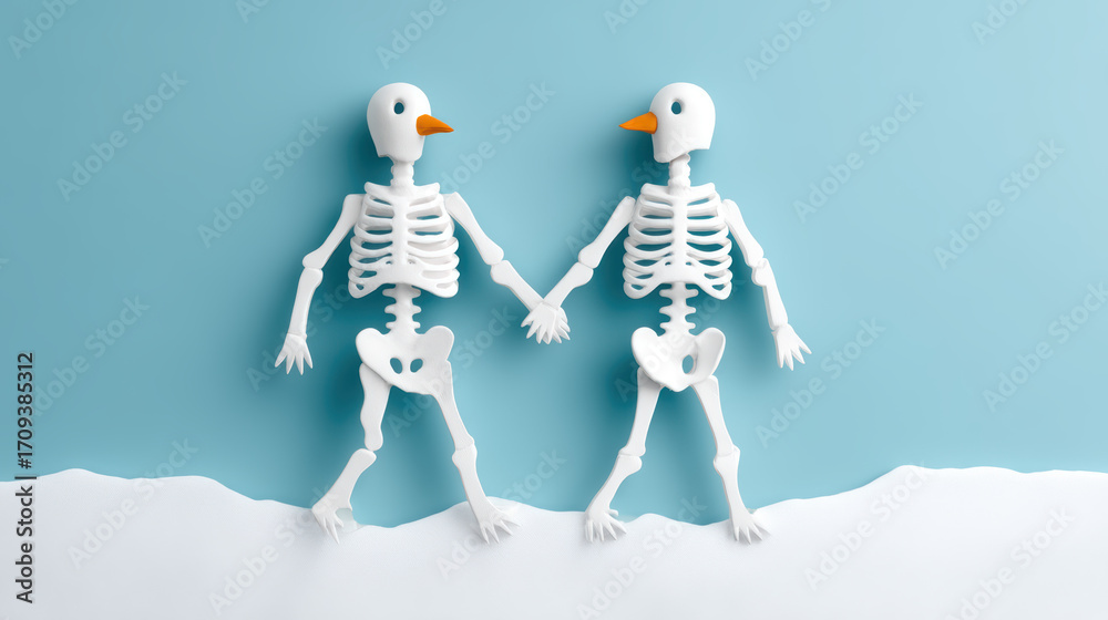 Fototapeta premium Two playful skeletons hold hands against a blue backdrop, featuring whimsical bird-like heads and a snowy base, creating a quirky, light-hearted scene.