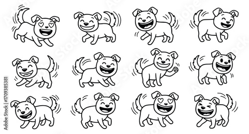 black and white Doodle Vector art of collection of happy dogs, each wagging their tail and smiling, showcasing a playful and joyful cartoon illustration