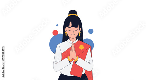 A woman in traditional attire offers a respectful greeting with her hands pressed together.
