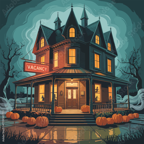 Spooky Victorian haunted house with aVACANCY sign and pumpkins at night Keywords: haunted