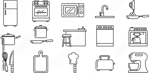 Kitchen appliances line art featuring a refrigerator stove microwave sink pots pans island dishwasher coffee maker utensils cutting board and mixer in a clean design