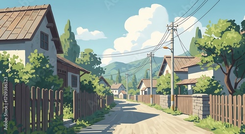 Charming Village Street Scene on a Sunny Day.