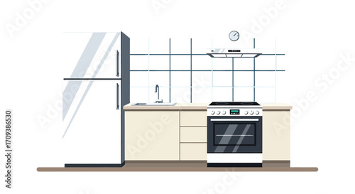Modern kitchen interior with refrigerator stove sink and blue tiled backsplash creating a clean and functional cooking space for home design and culinary activities