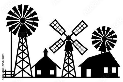 Windmill farm silhouette illustration isolated on white background
