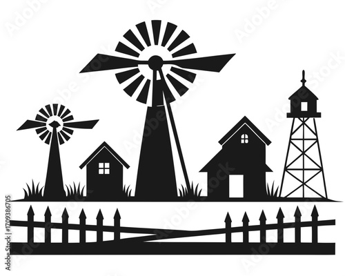 Windmill farm silhouette illustration 