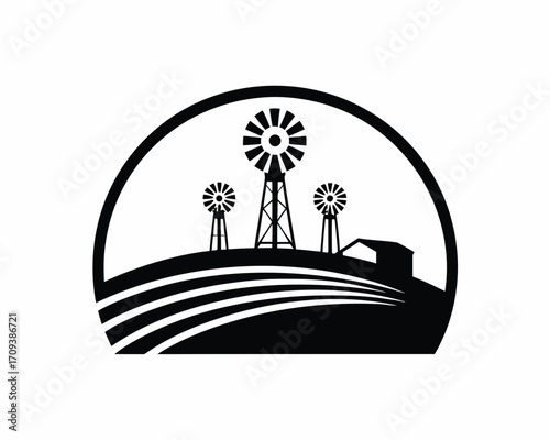 Windmill farm silhouette illustration isolated on white background